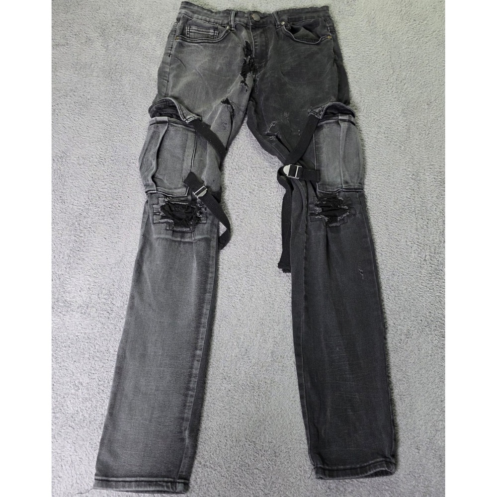 Street Jeans Mens 30x32 Skinny Fit Cargo Jeans Gray Black Distressed Straps